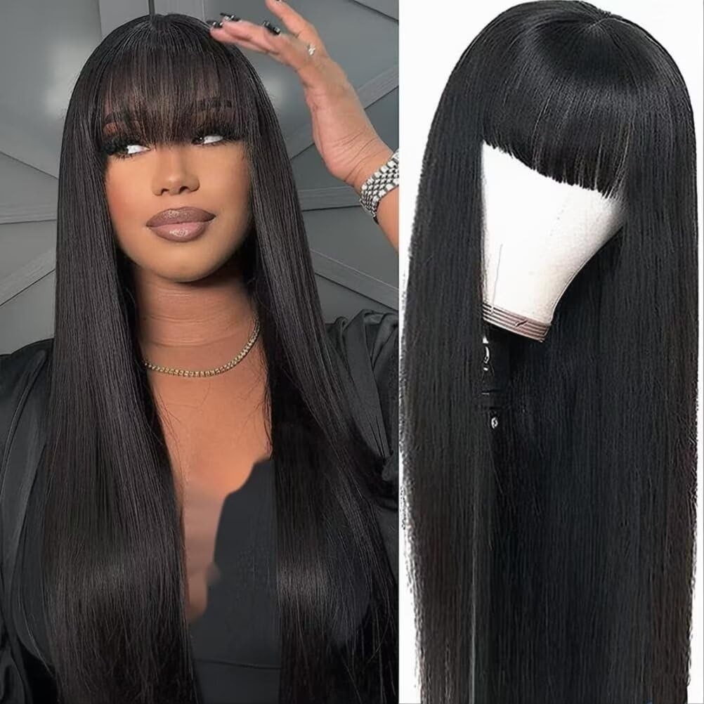 Straight Wigs with Bangs Human Hair Wigs for Black Women None Lace Front Wigs