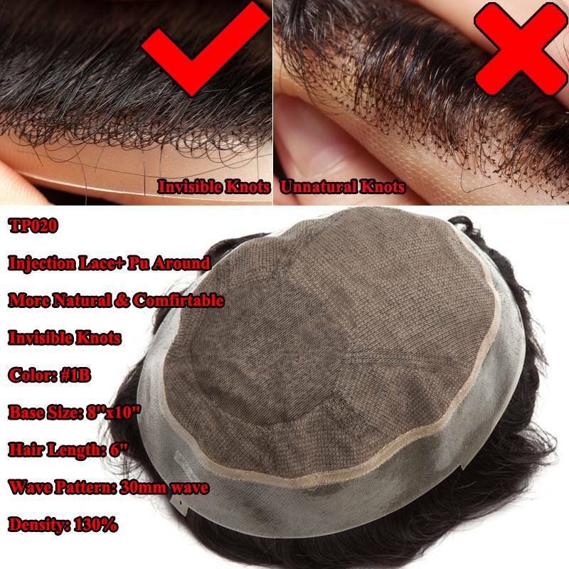 Fine Mono Toupee Men’s Hairpiece Human Hair Replacement System Hand Tied Wavy US
