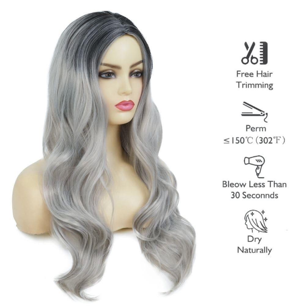 Long Grey Curly Wig for Women Ombre Gray Wavy Synthetic Wig for Daily Party H…