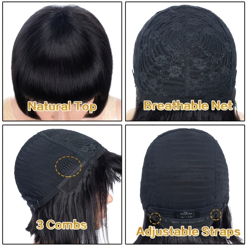 12″ Short Black Straight Wig with Bangs for Women,Made Of High Temperature Fiber