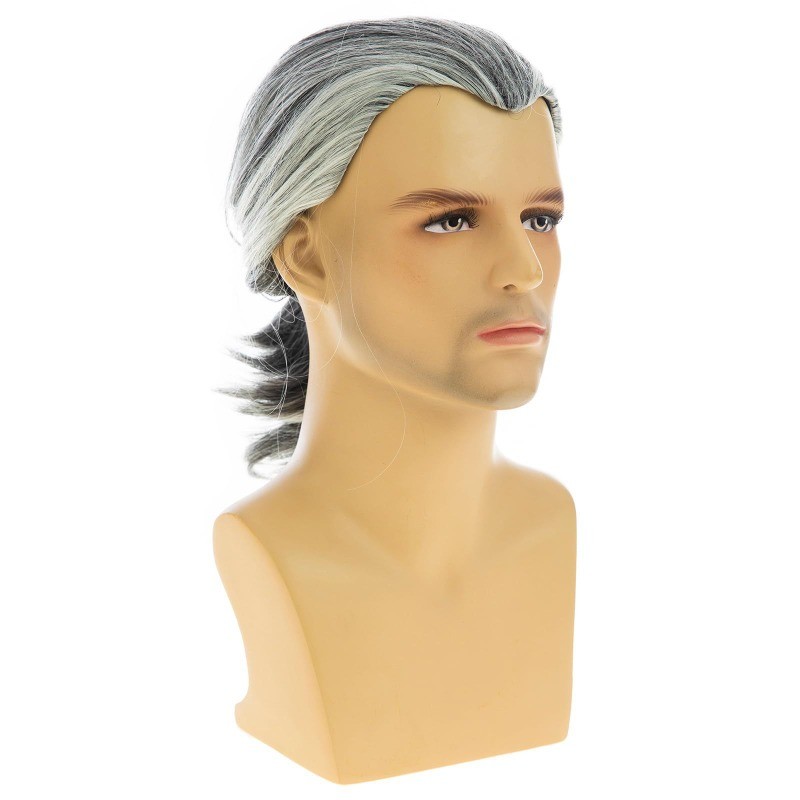 Men’s Curly Hair Full Wig Med-Length Black Grey Men’s Synthetic Wigs+Wig Cap