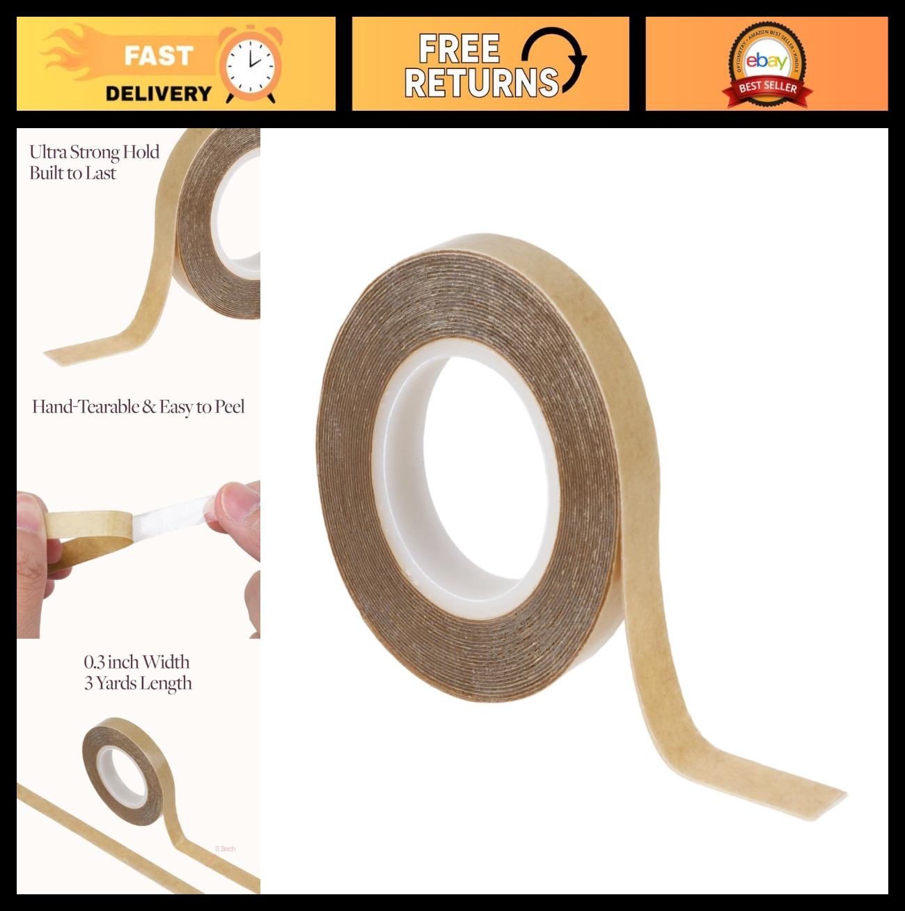 Double Sided Replacement Tape for Hair Extensions, 0.3″ x 3 Yards, Strong Hold A