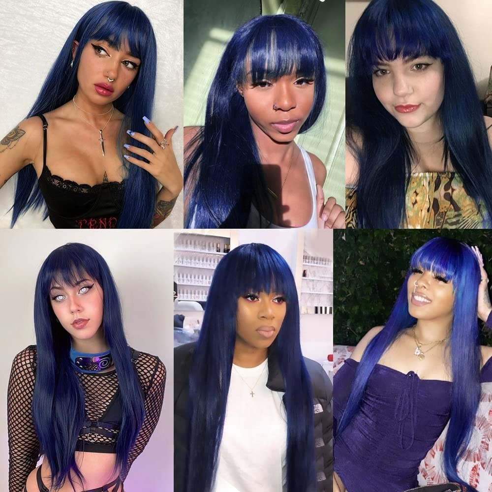 Cute & Pretty Dark Blue Wig with Wispy Bangs, Natural Look