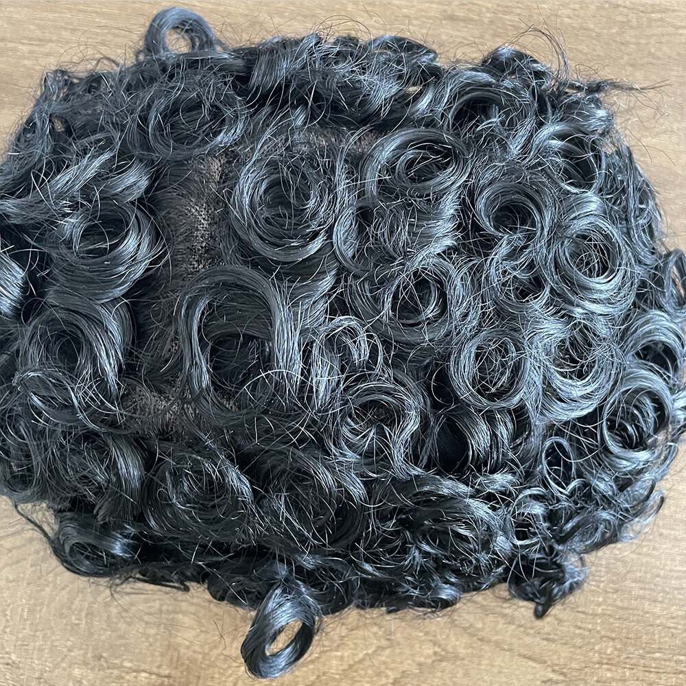 Curly Toupee for Black Men Human Hair System Fine Mono Poly Mens Wigs 20MM