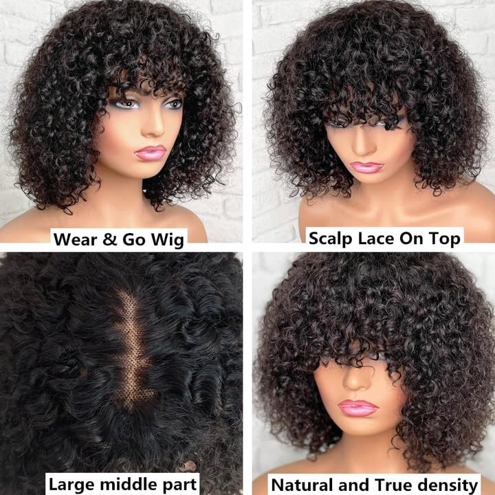 2x1Lace Front WigBrazilian ShortBob Kinky Curly Virgin Human Hair Wig for Women
