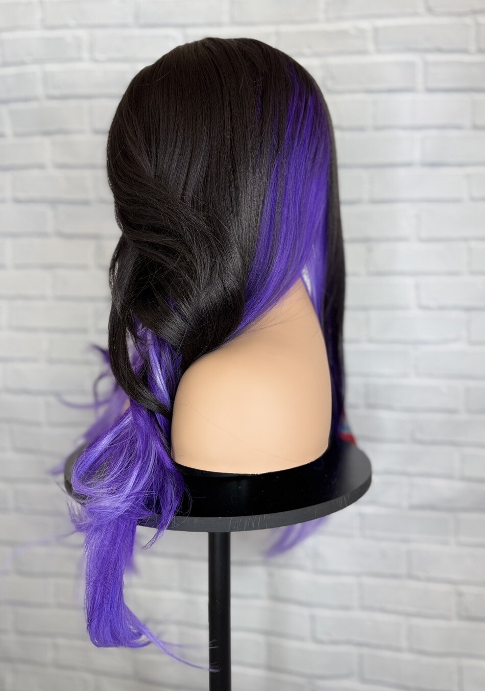 Black Purple Wig Synthetic 26 Inch Lace Front Middle Part Wavy Layered Heat Ok