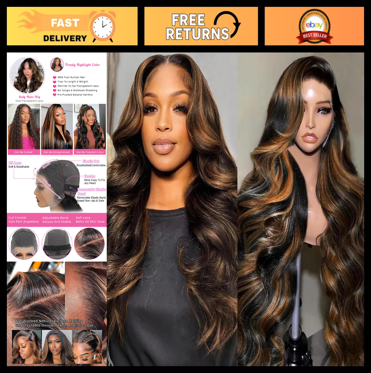 28″ Ombre Lace Front Wig – 13×4 HD Human Hair, Body Wave, 200 Density, Brown Bal