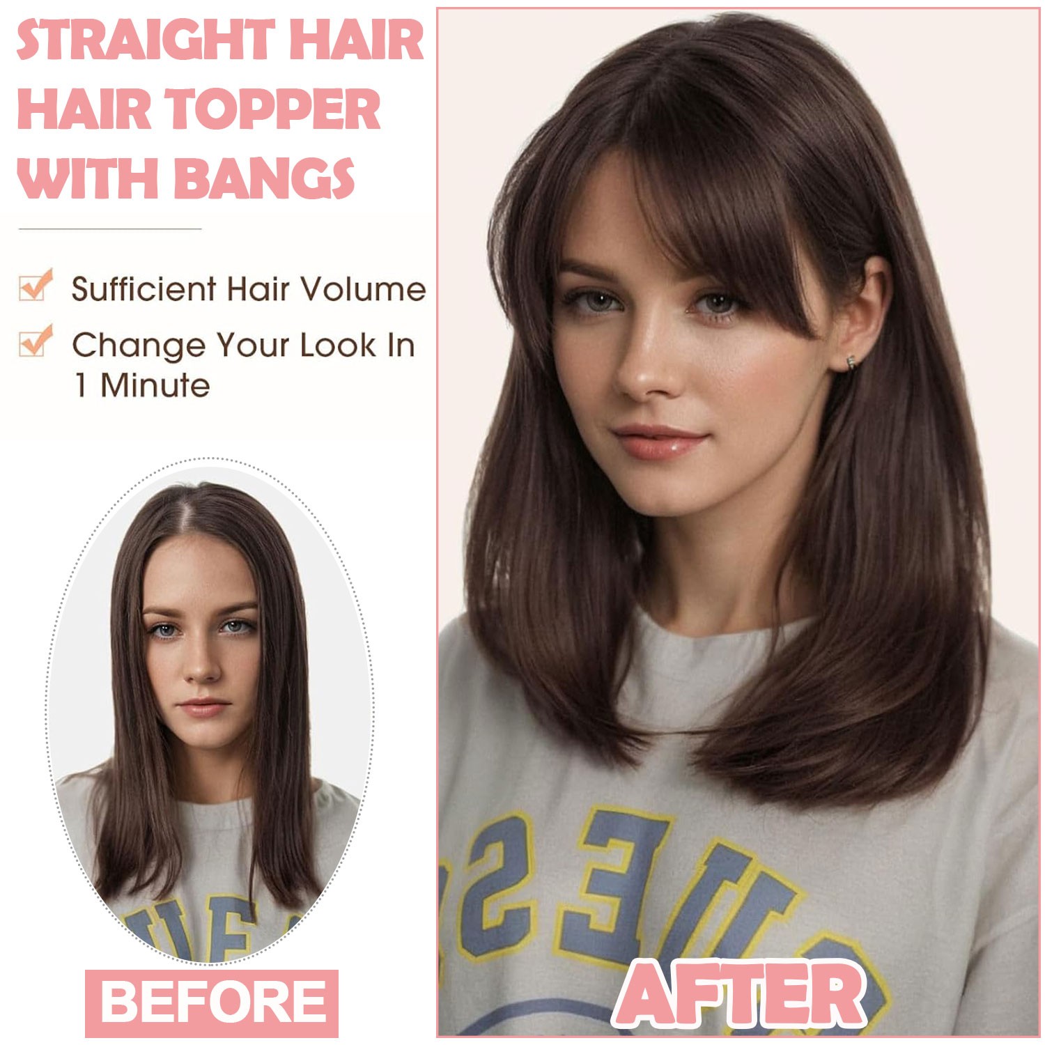 USA 6*6in Hair Topper Clip In Hair Extension with Bangs Lace Toupee Natural Hair