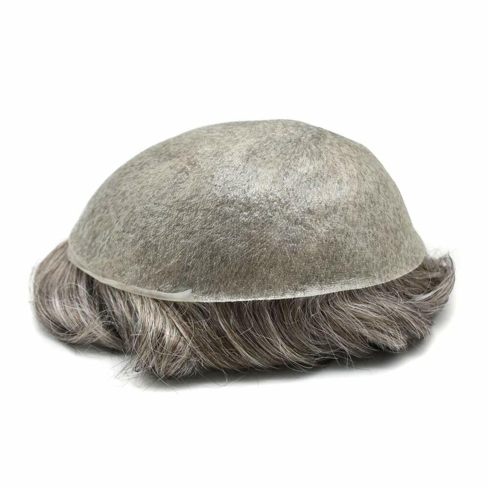 Thin Skin V-Loop Mens Toupee Hairpiece 0.06-0.08mm Poly PU Gray Hair Replacement