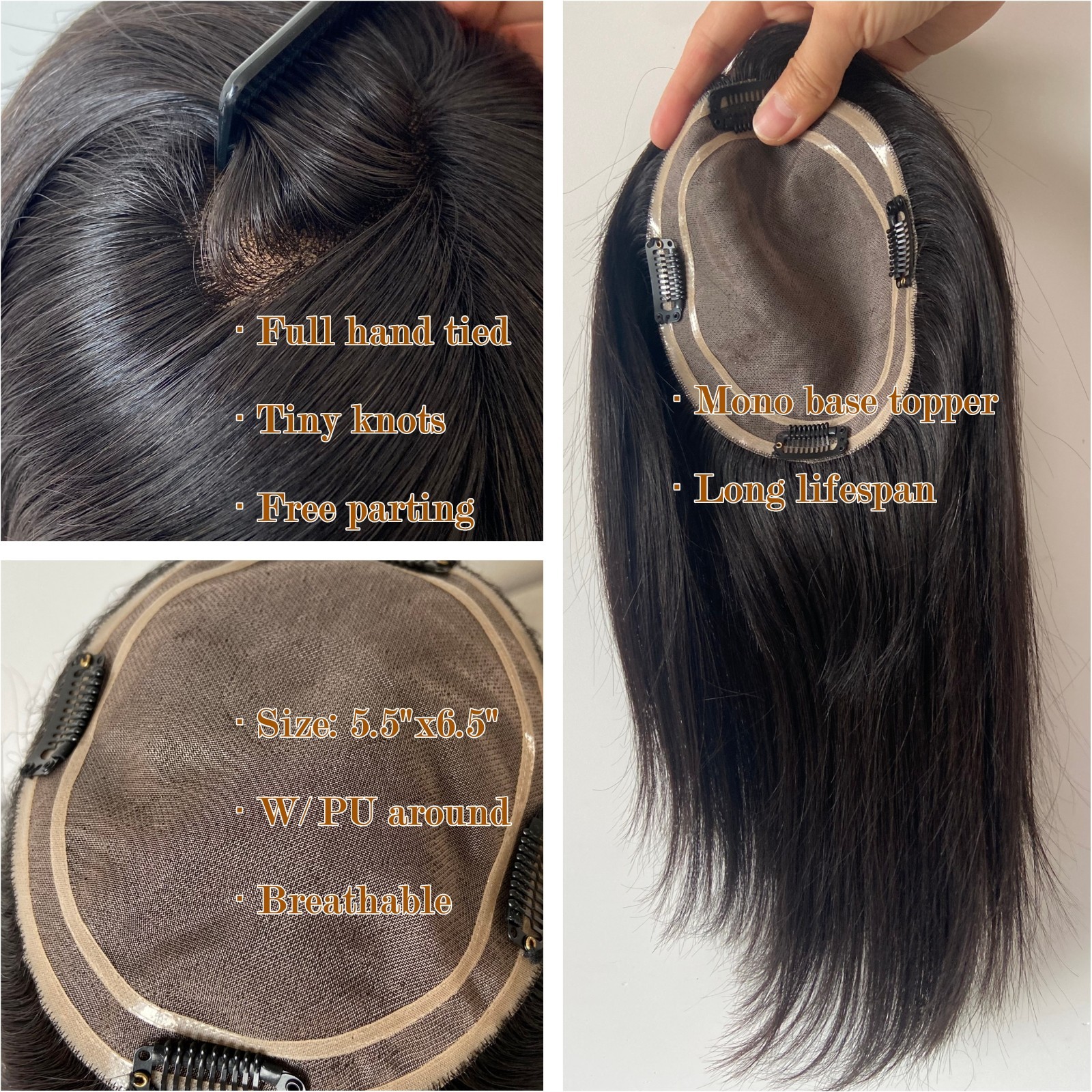 100% HUMAN HAIR CUTICLE INTACT MONO TOPPER 5.5×6.5″ OFF BLACK 14″ LONG FREE PART