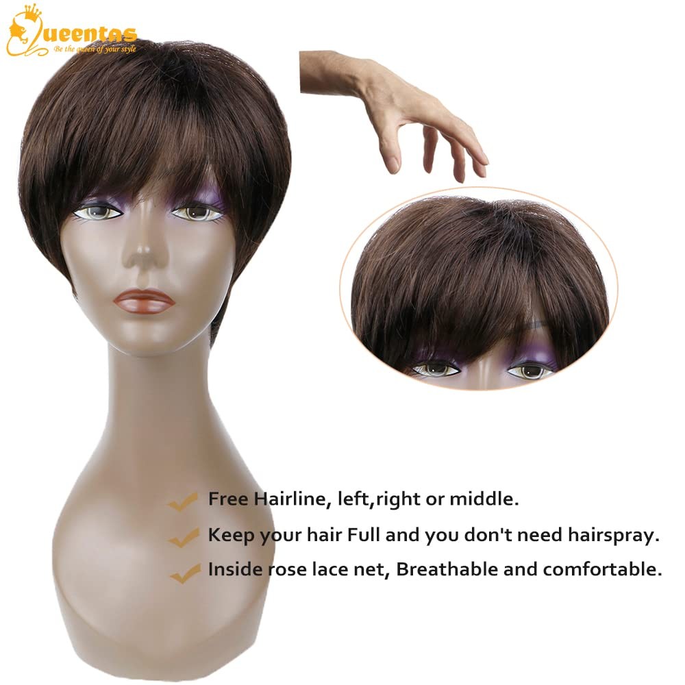 QUEENTAS Short Brown Pixie Cut Wig with 1 Count (Pack of 1), D-Black Cherry