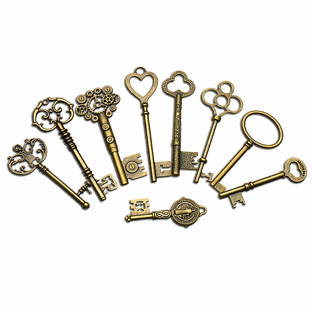 9Pcs Large Antique Vintage Old Brass Skeleton Keys Lot Cabinet Lock Necklace USA