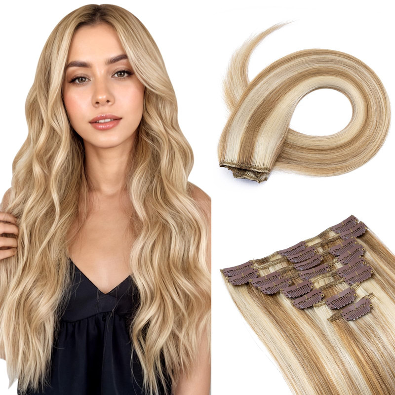 Benehair Human Hair Clip In Extensions Balayage Golden Brown Mix Bleach Blonde