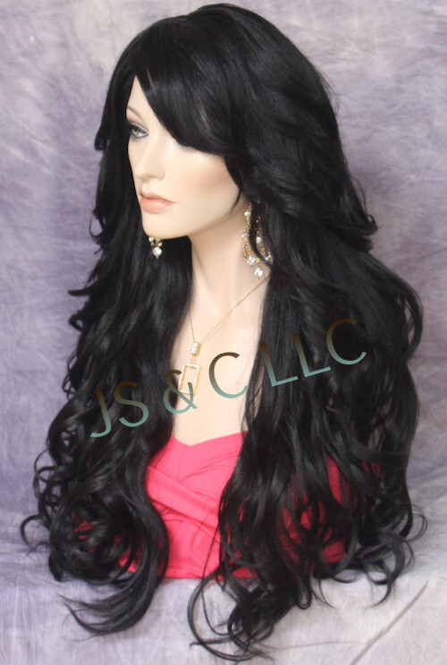 Long Off Black Human hair Blend Full Wig Goregeous wavy Heat OK WBVA 1B