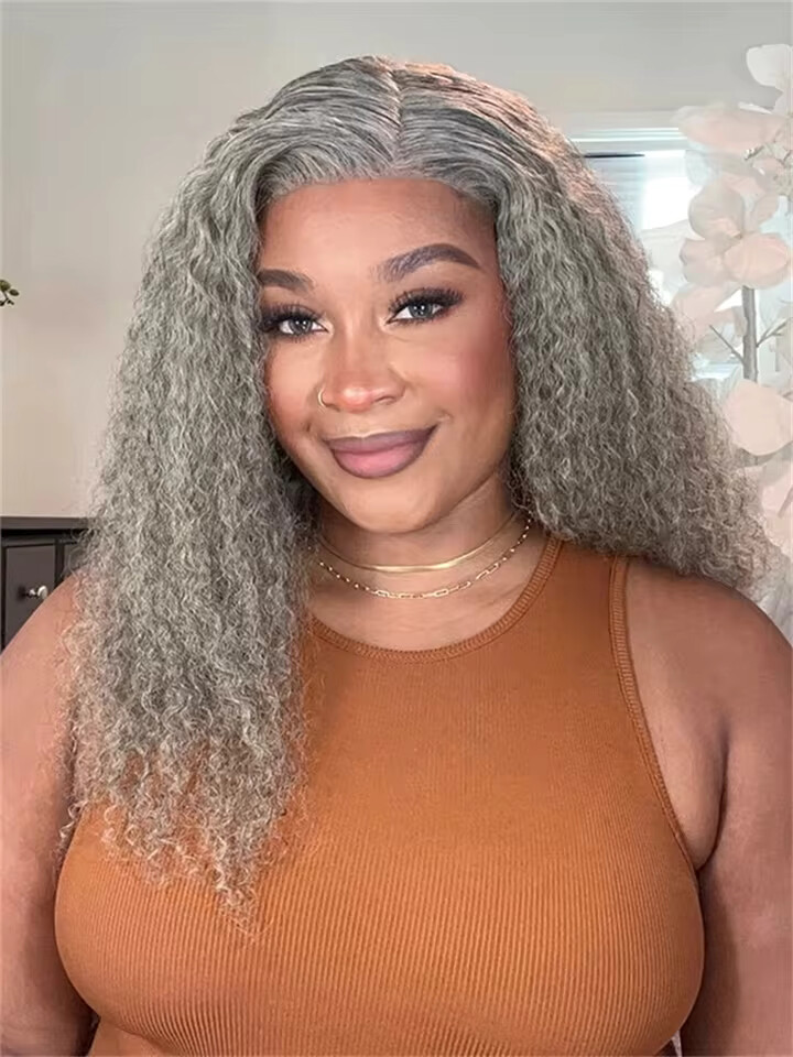 Light Gray Kinky Straight Lace Front Wigs 200 Density Real Human Hair Wigs