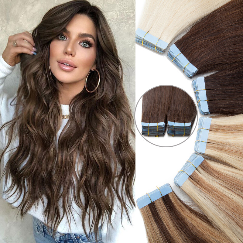 20PCS Brown Tape In 100% Real Human Hair Extensions Long Hair Mix Color 1.5g