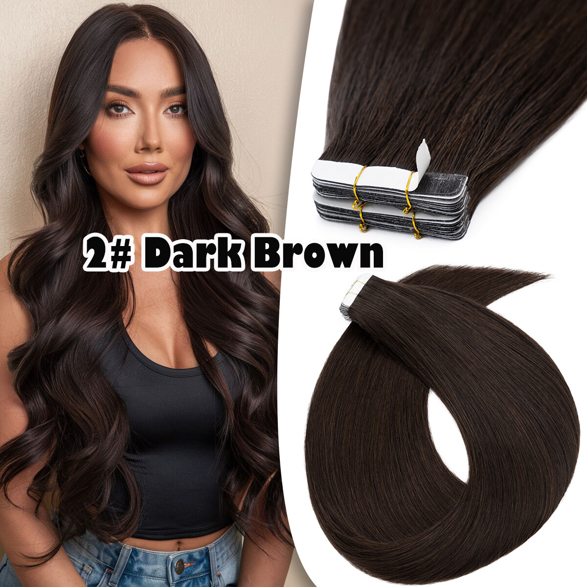 40PCS 100% Human Hair Extensions Tape in Skin Weft Thick Full Head Black Virgin