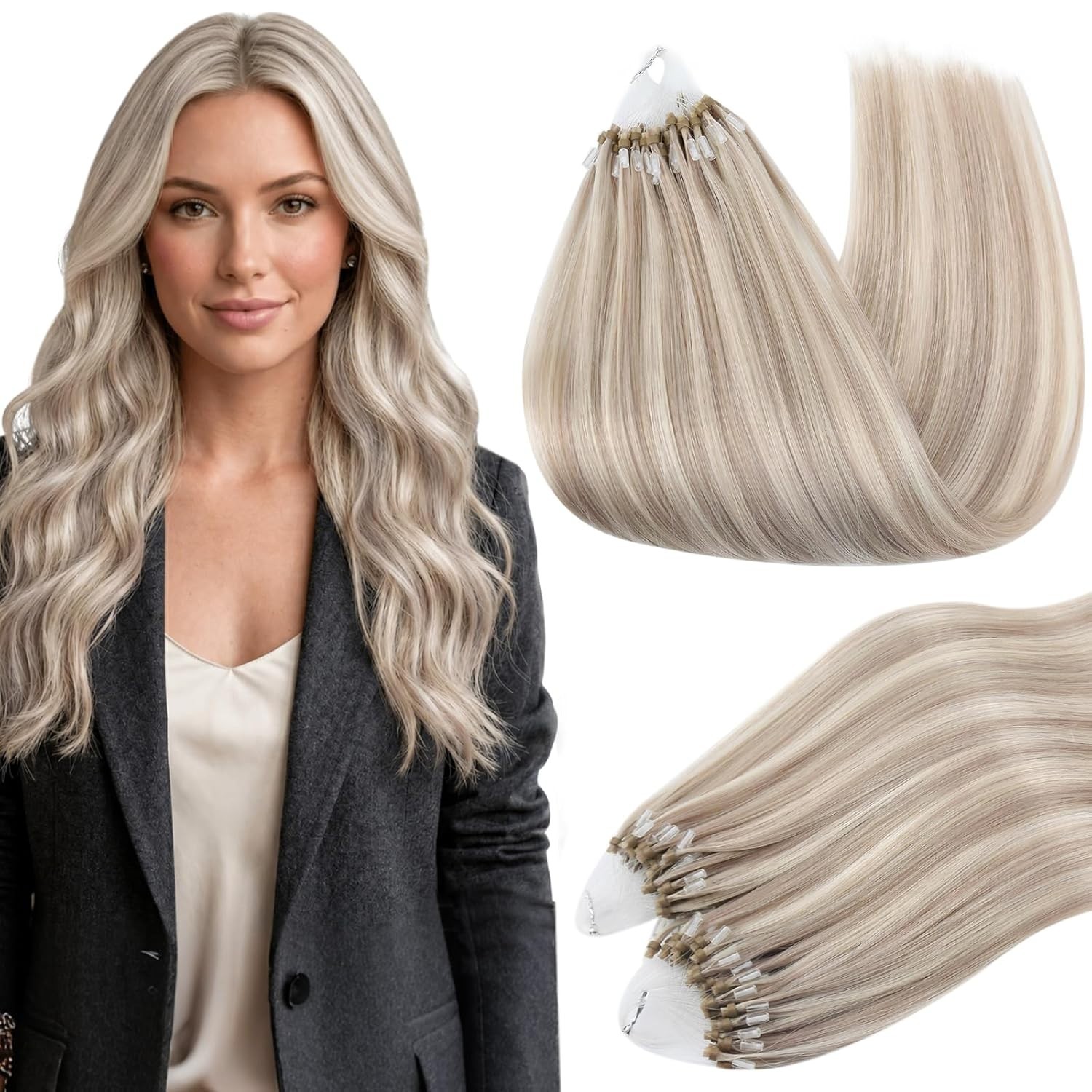Full Shine Microlink Human Hair Extensions 16in 50g Ash Blonde Highlights Beads