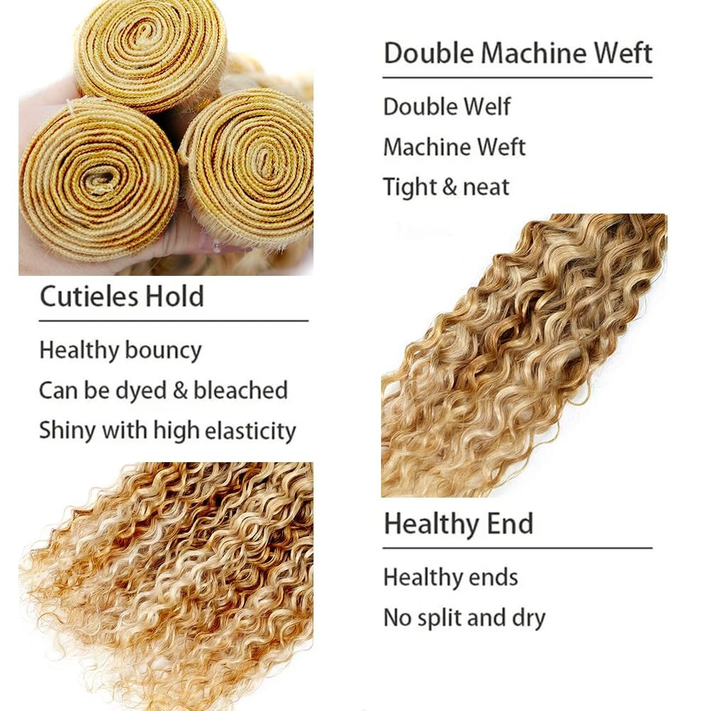 Blonde Highlight Water Wave Hair Bundles 16″ 18″ 20″ Human Hair Extensions