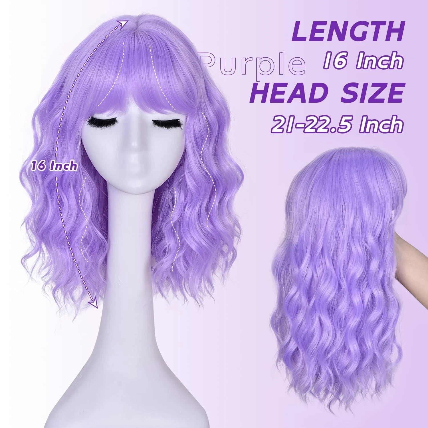 Light Purple Wigs for Women 16in Wavy Bob Wig with Bangs Synthetic Hair Cosplay