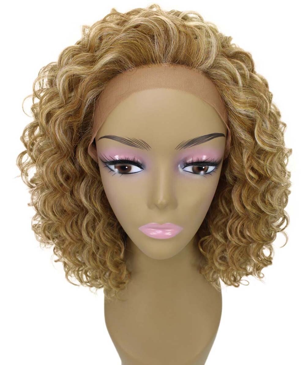 LUXLUXE Ada Curly 17.5 Inch Long 13×2.5 Hand-Tied Lace Front Wig, Blonde Blend
