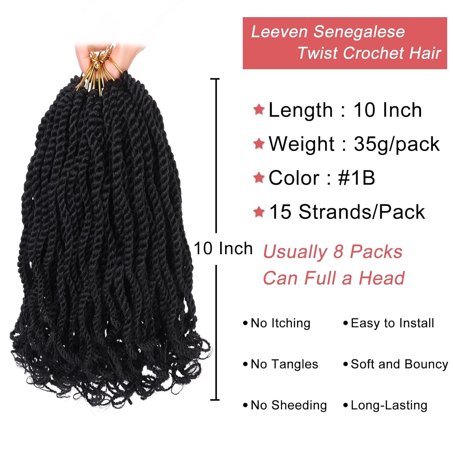 Leeven 10 Inch Wavy Senegalese Twist Crochet Hair with Curly Ends 8 Packs Black