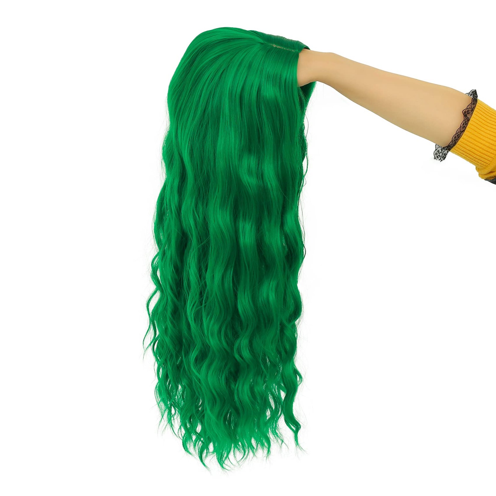 Beweig Long Curly Wavy Green Wig for Women Middle Part Costume Cosplay