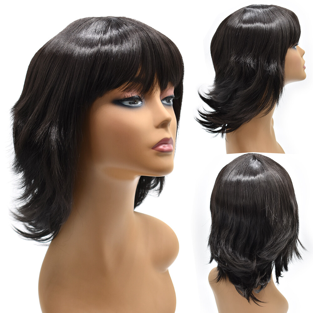 Layered Women Wigs with Bangs Premium Synthetic Shoulder Length Black Brown Hair