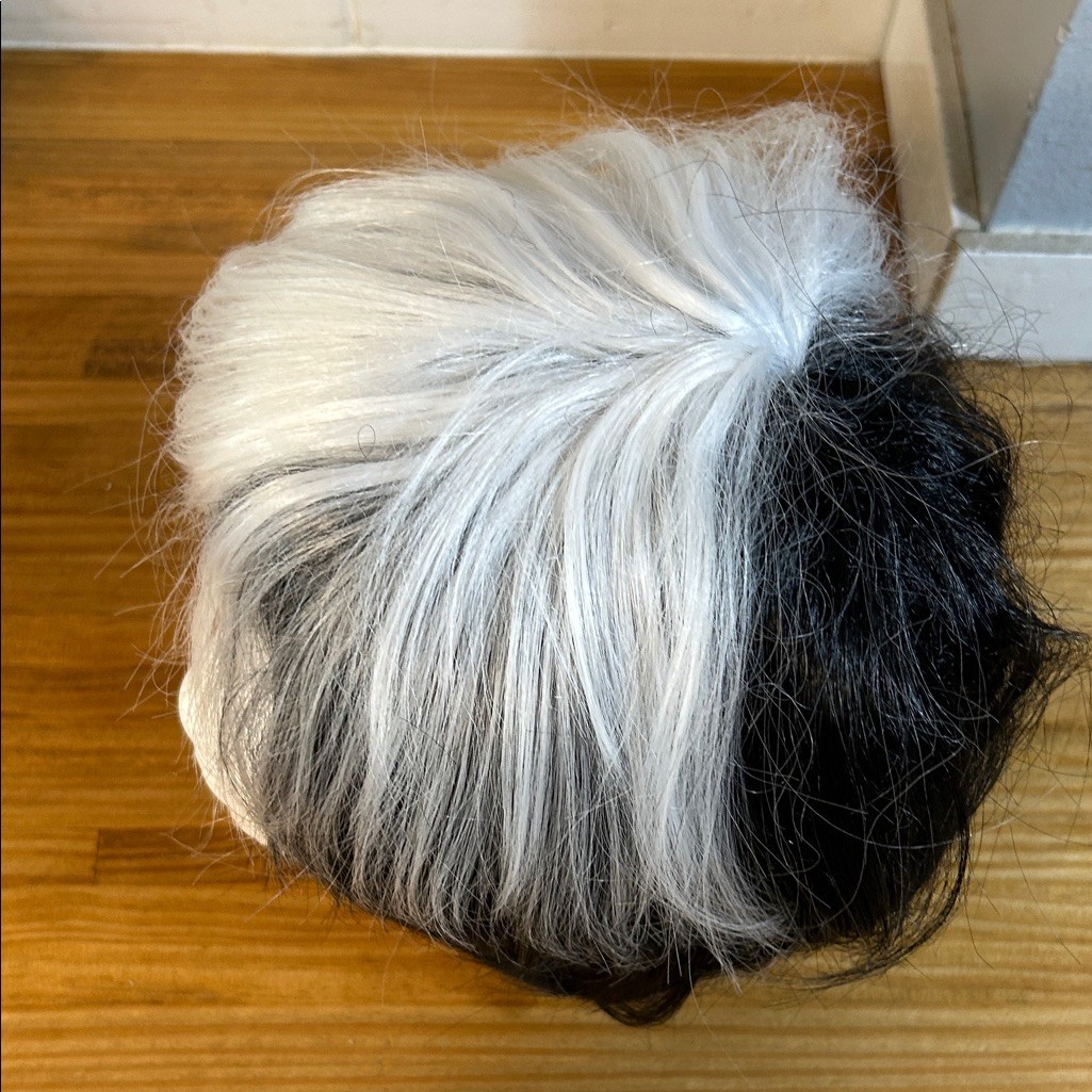 Short Wavy Cruella Deville Wig – Synthetic Black & White wig & DALMATION plushy