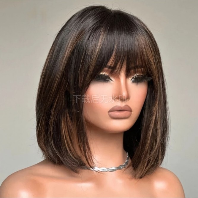 Highlight Straight Bob Wig for Women with Bangs Full Machine Made Human Hair Wig