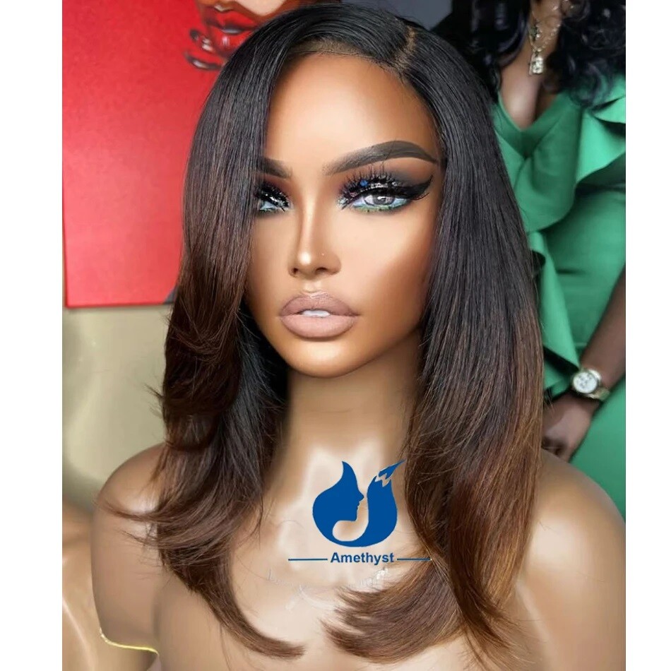 Ombre Brown Human Hair Side Part 13×6 Lace Front Wig Black Women Short Glueless