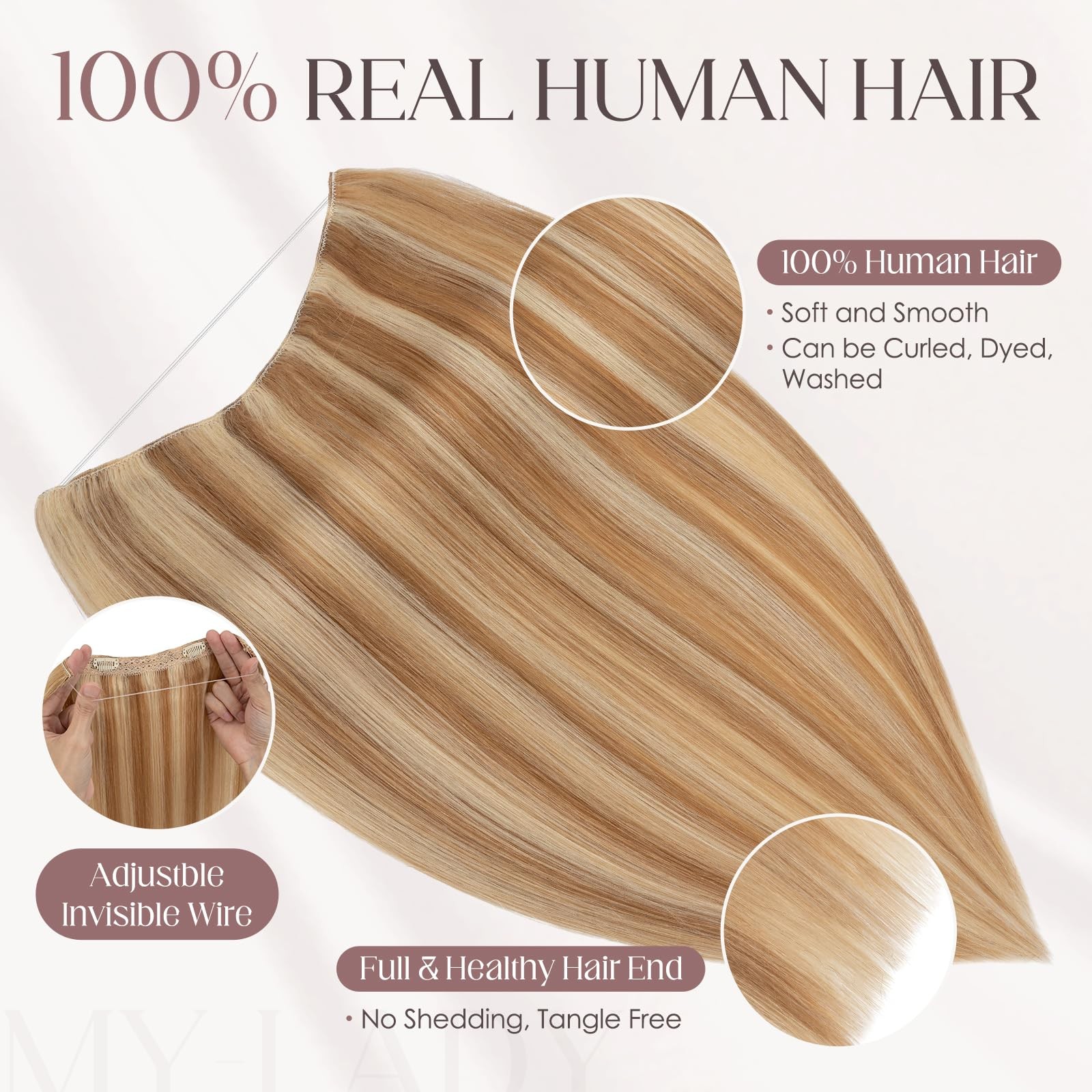 My-Lady Halo Hair Extensions Real Human Hair For Women Golden Brown Bleach