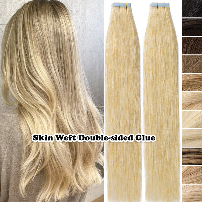 Tape In 100% Real Human Hair Extensions Skin Weft Double Sided Glue Full Head US