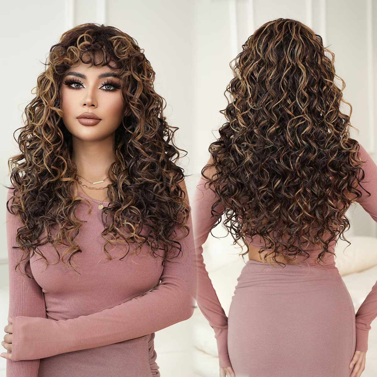 Women Wig Vintage Lazy Style High Temperature Fiber Golden Gradient Long Curly