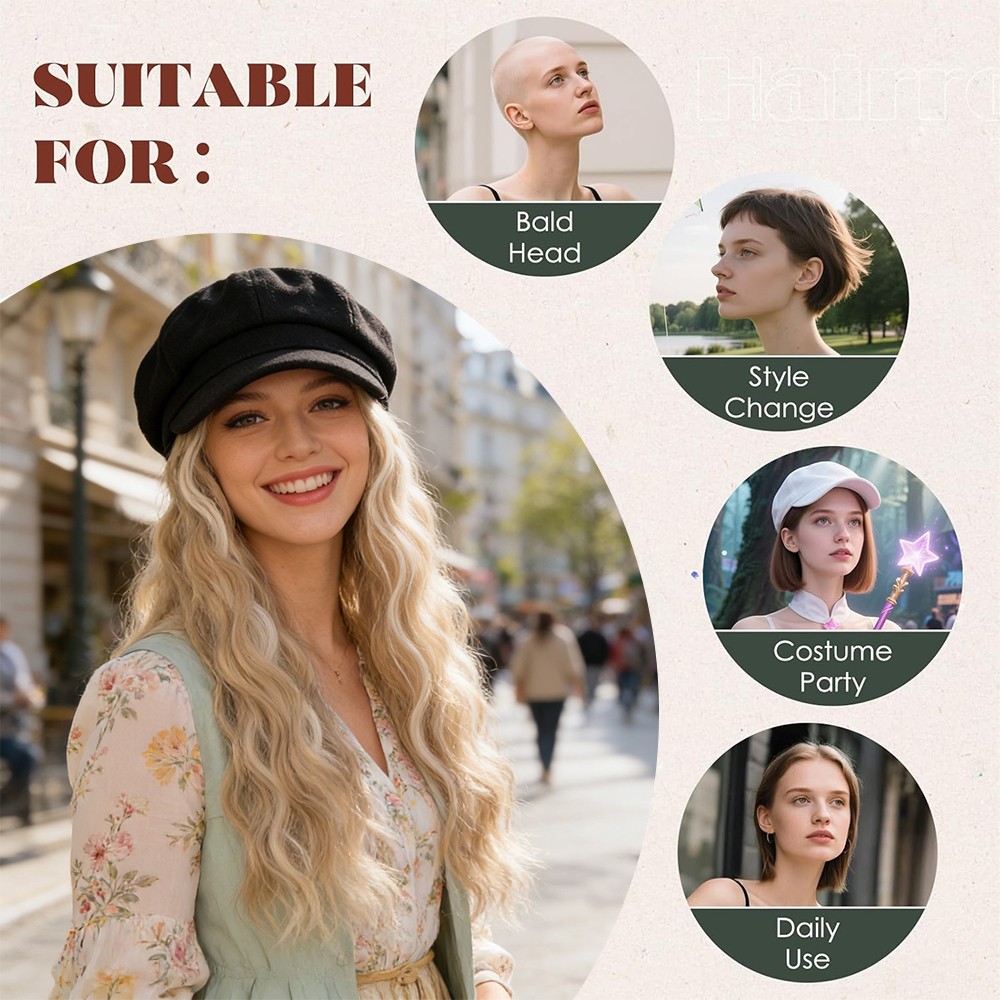 Bucket Hat Wig Black Newsboy Cap With Long Wavy Hairpiece 18″ Natural Hair Women