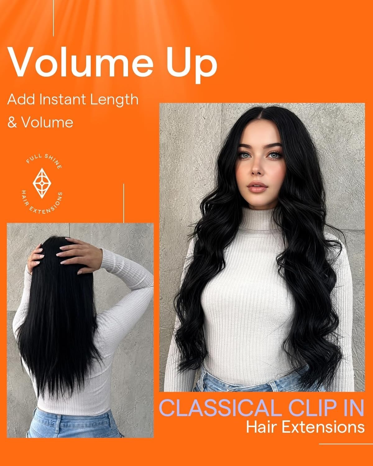 Seamless Clip-In Extensions – 24” Remy Human Hair in Rich Jet Black, 7 Pieces