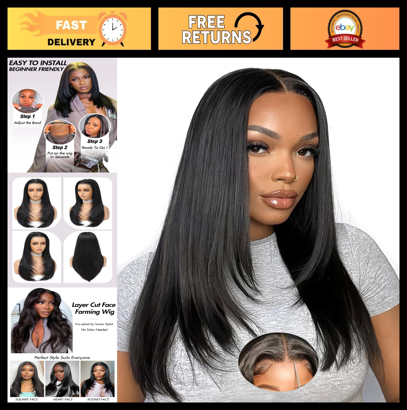 16″ Layered Glueless Wig, 200 Density HD Lace Front, Pre-Plucked Human Hair, Str