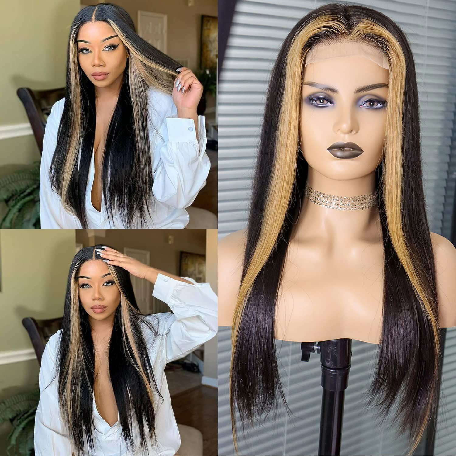 Blonde Skunk Stripe Highlight Long Straight Black Wigs Lace Front Wigs Glueless