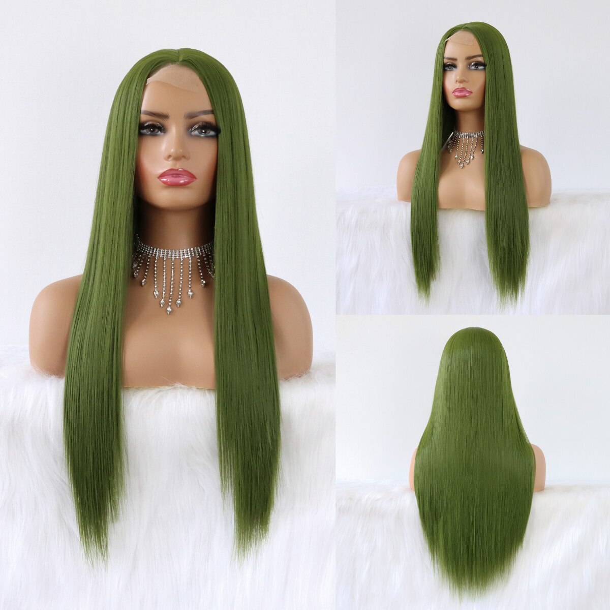 Olive Green Synthetic Hair Lace Wigs Long Straight Green Color Heat Resistant