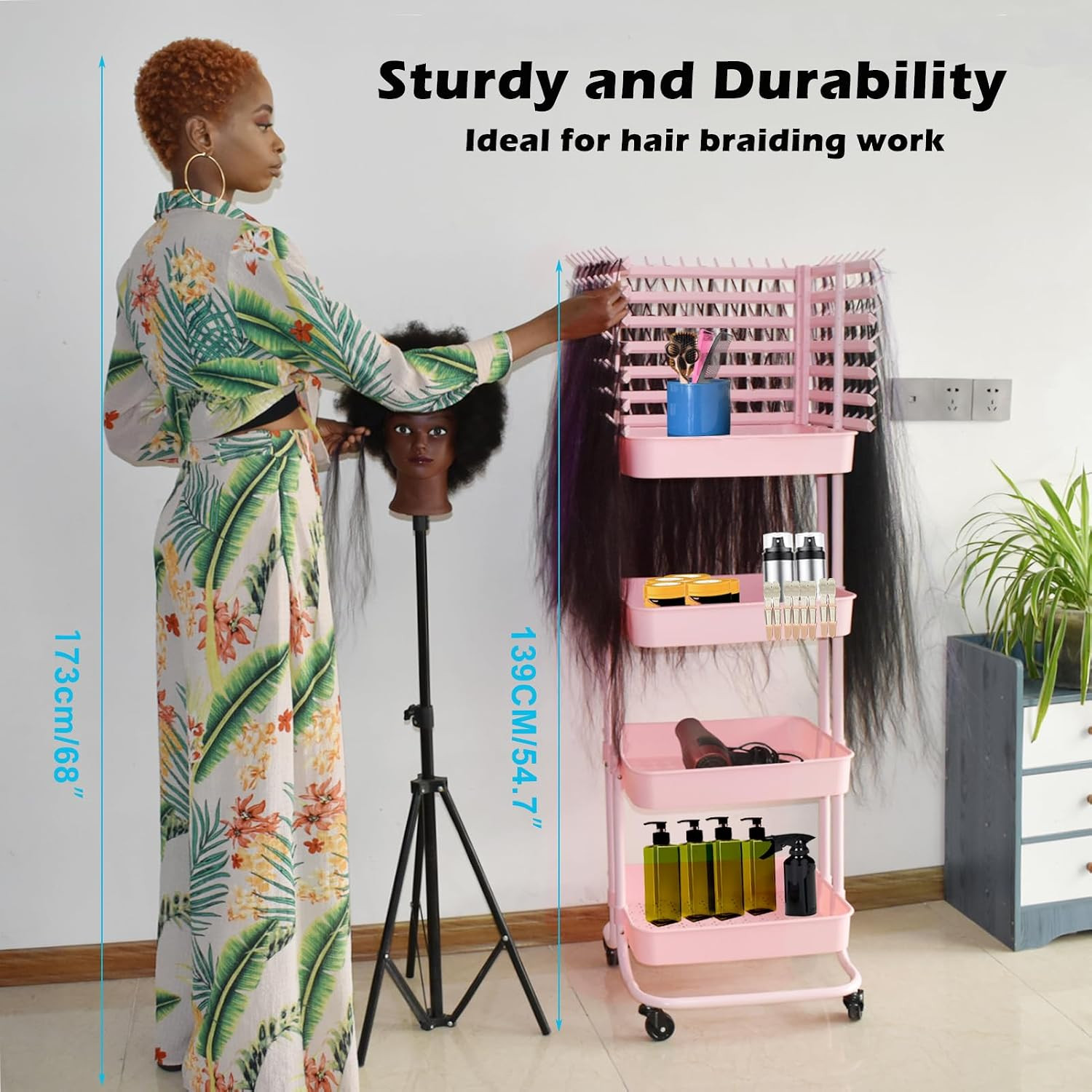 Braiding Hair Rack with 196 Pegs, Hair Extension Holder with 4 Tiers Storage Car