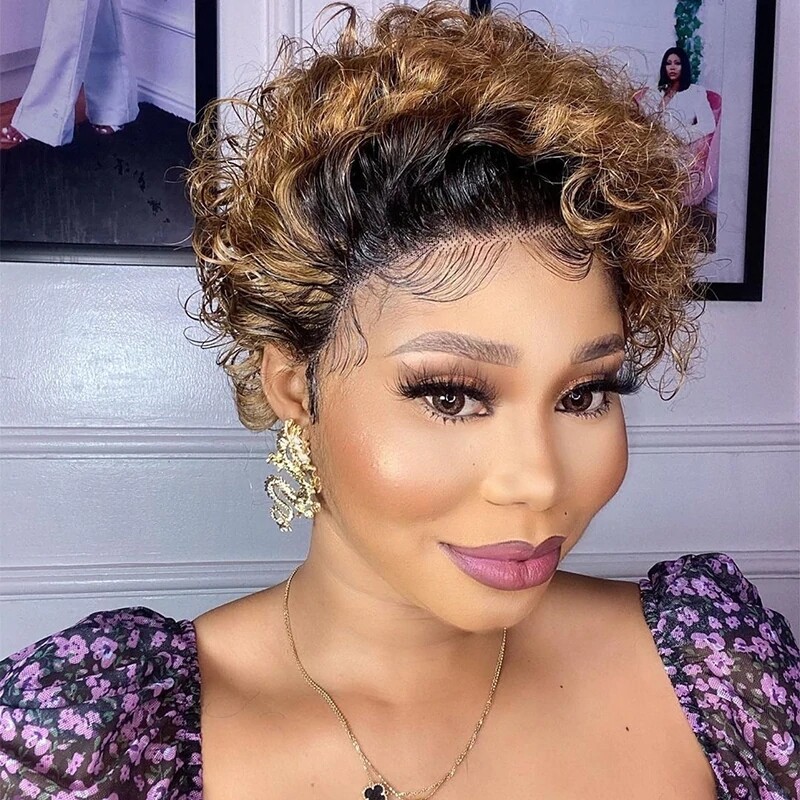 Short Ombre Blonde Curly Human Hair Lace Front Wig Wave Pixie Cut Wigs 13×1 Lace