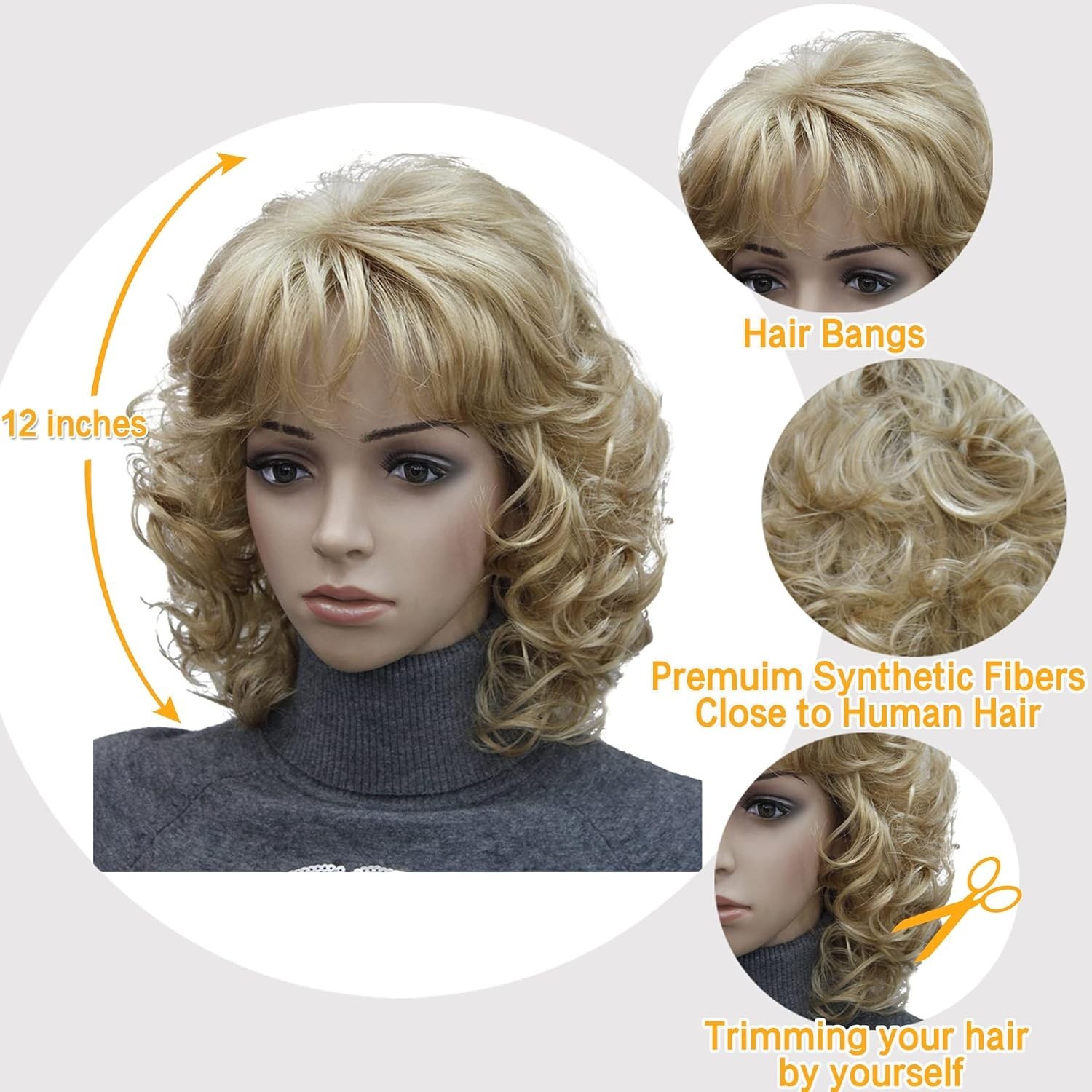 12 Inch Curly Wavy Blonde Wig with Bangs – Heat Resistant & Natural Look