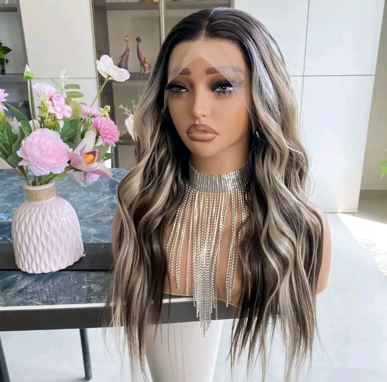 HD Lace Front Wig Human Hair Blend Highlights Wavy Curly Honey BROWN Blonde