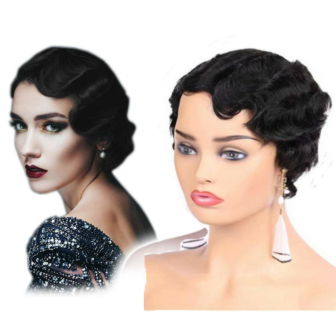 Short Pixie Cut Wigs Human Hair Classical Ocean Wigs Black Finger Wave Wig Soft