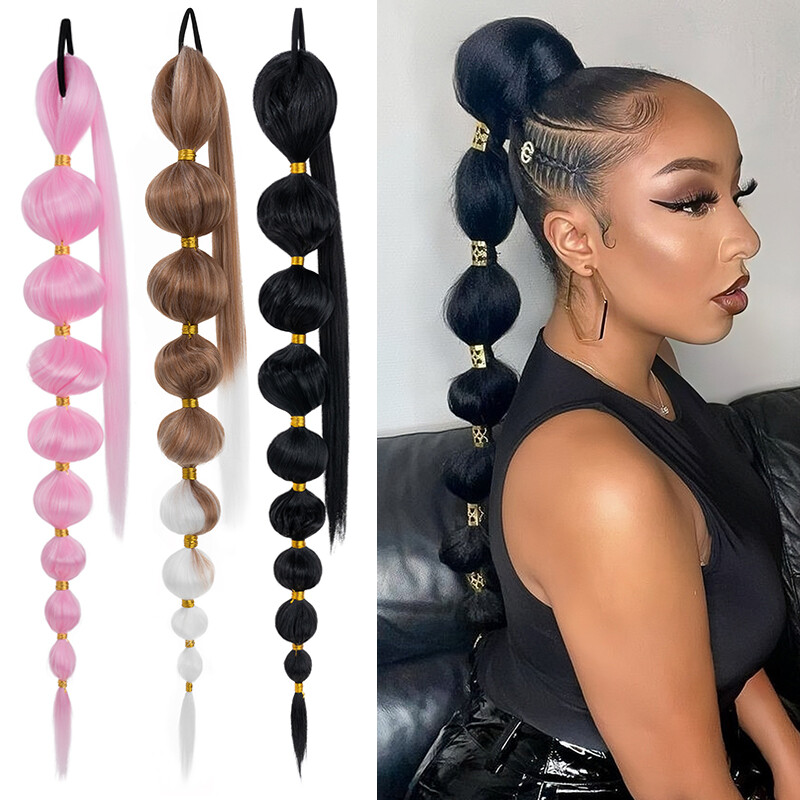 Long 34in Braid Ponytail Wrap On Bubble Pony Tail Braiding Hair Extensions Thick