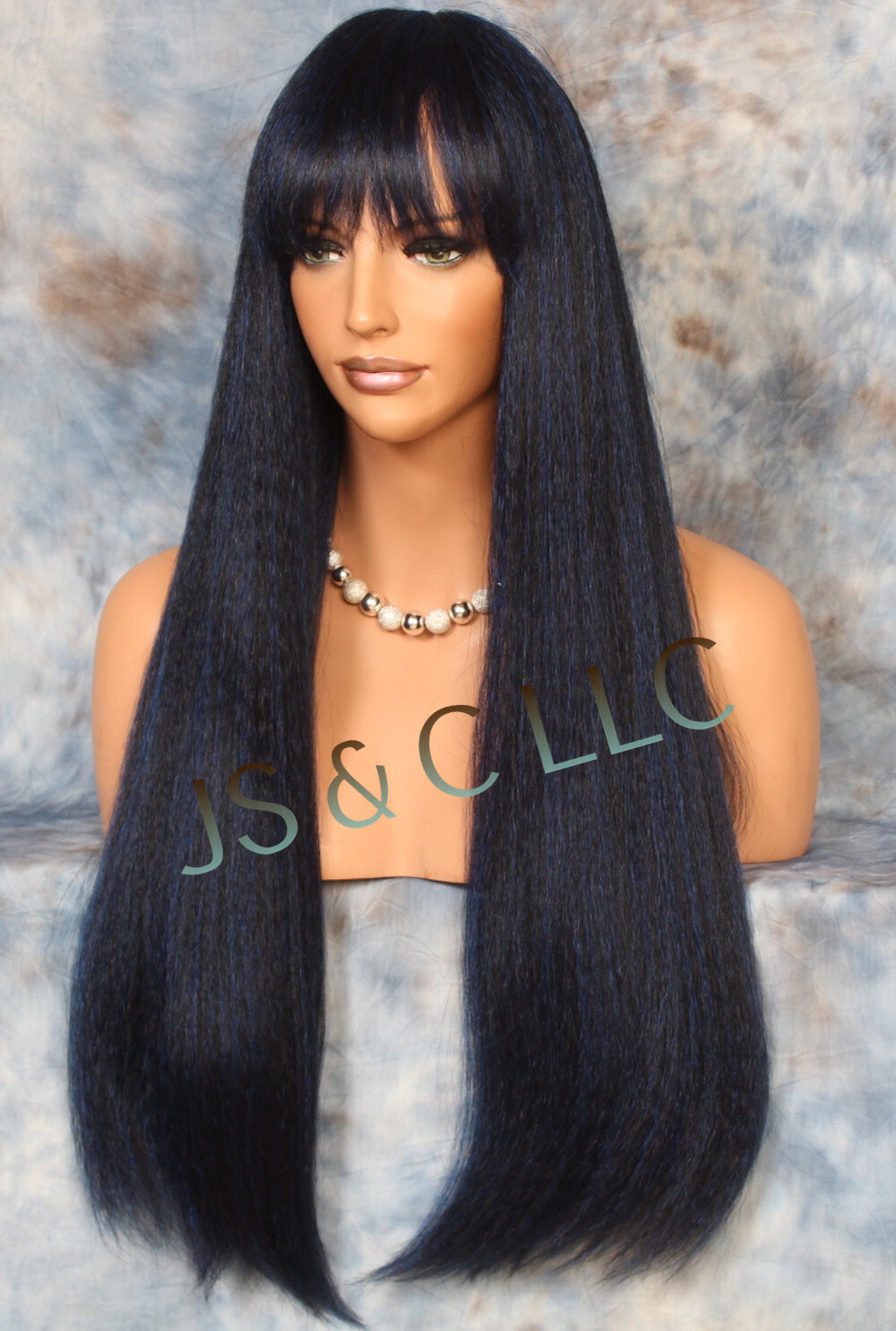 Human hair blend Full Wig Straight Blue Black Heat OK Bangs WEMG