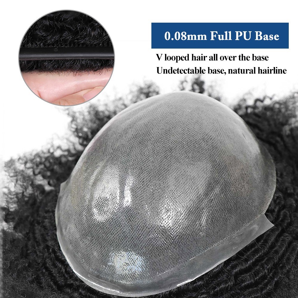 Afro Curly Human Hair Toupee Men Thin Skin African Male Toupee Full PU System