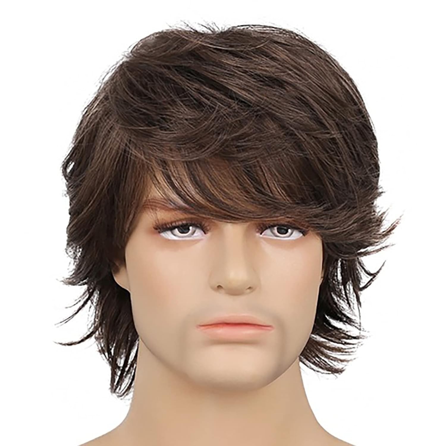 Mens Brown Wig Short Layered Natural Wavy Heat Resistant Synthetic Hair Wigs US