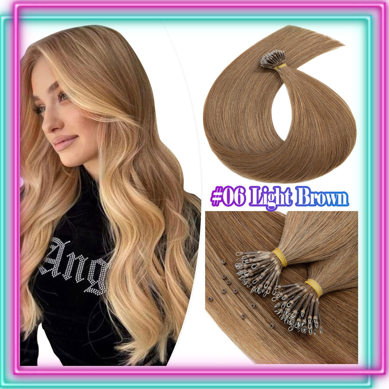 200PCS Thick 100% Remy Human Hair Extensions Nano Ring Micro Loop Balayage Ombre