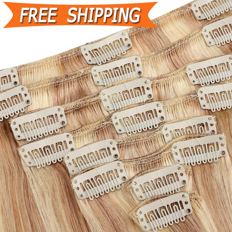 8PCS 18CLIP Clip In Real Human Remy Hair Extension Full Head Remi Highlight Hair